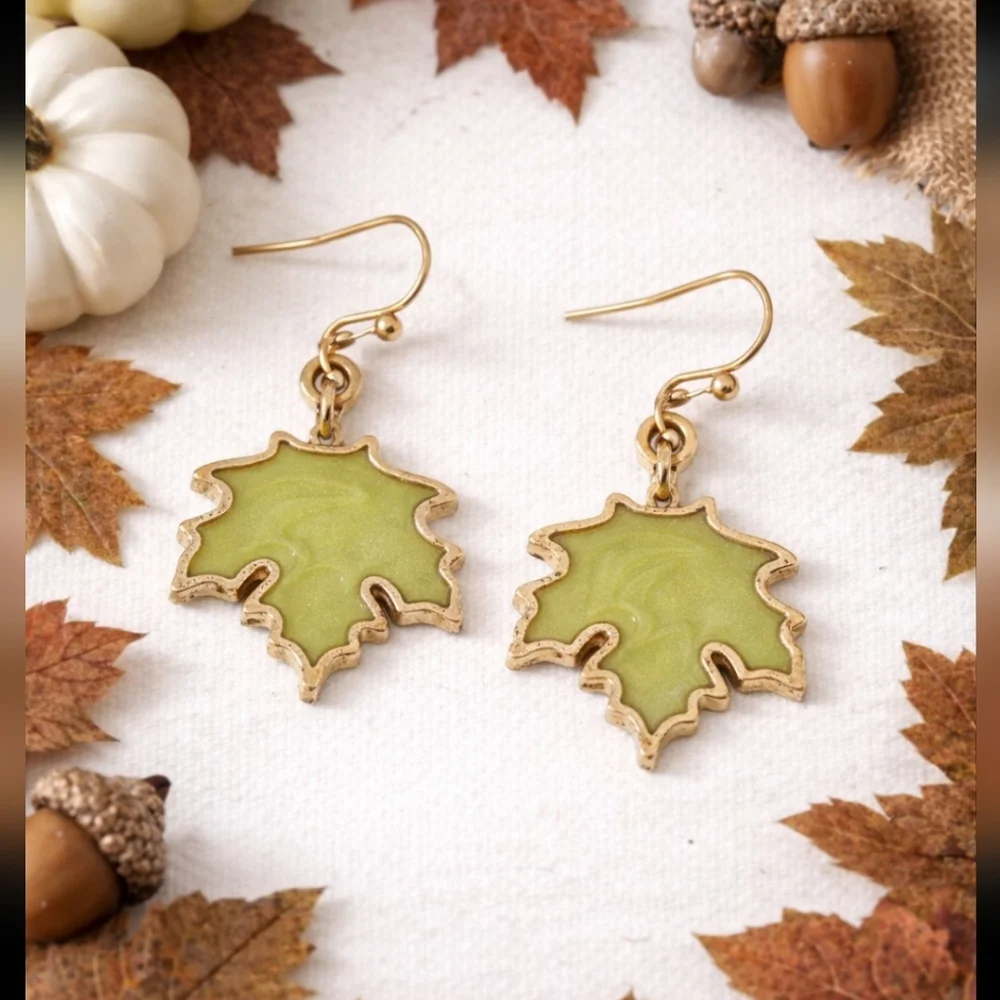 Green Maple Leaf Dangle Earrings Enamel Gold Fall Thanksgiving Autumn - Picture 4 of 5